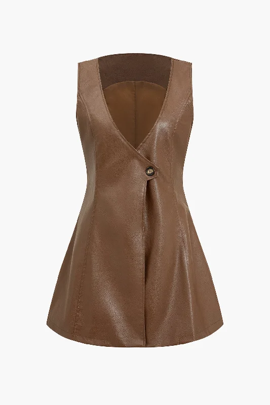 Faux Leather Sleeveless Asymmetrical V-Neck Mini Dress Cozy Long Sleeve Mini Dress