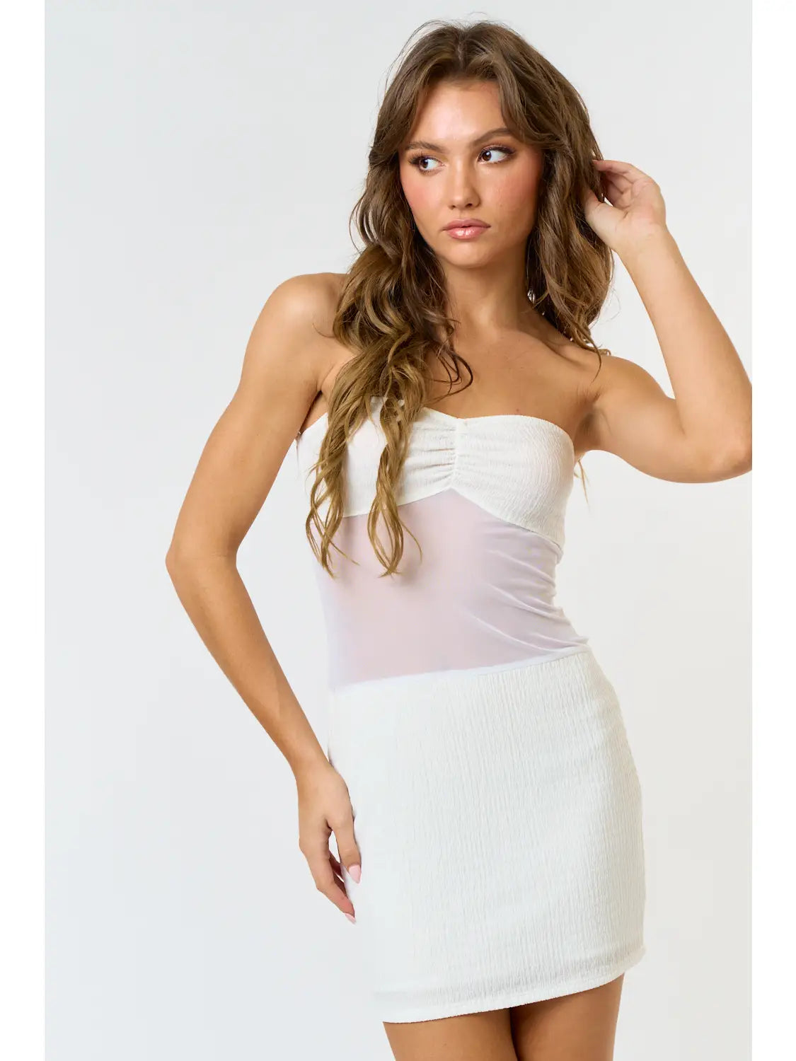 Mesh Mix Smocking Tube Mini Dress Elegant Satin Lace Mini Dress