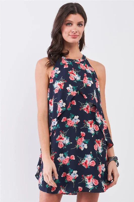 Navy Multi Floral Print Sleeveless High Neck Layered Front Detail Flounce Mini Dress Fashionable Denim Mini Dress Navy Multi Floral Print Sleeveless High Neck Layered Front Detail Flounce Mini Dress Fashionable Denim Mini Dress