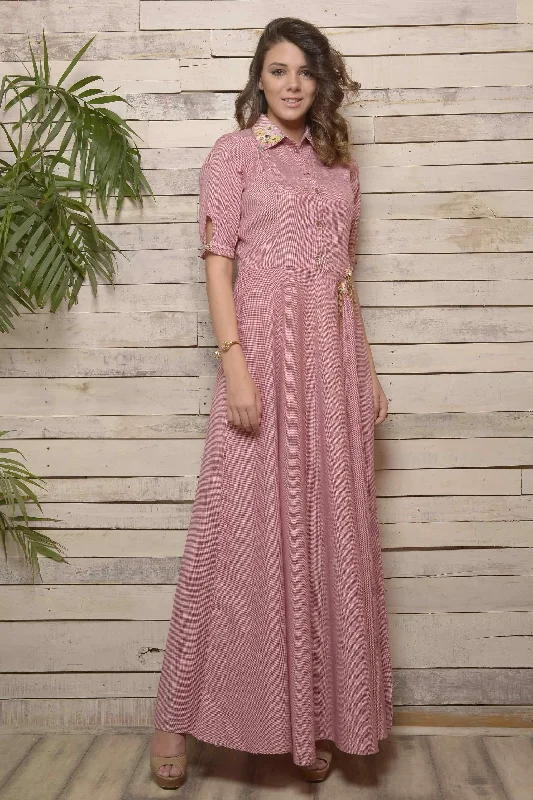 Red Check Dress  With Embroidered Collar