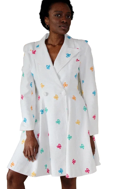 1988 Patrick Kelly White Cotton Pique Coat Dress w/Multicolored Bows