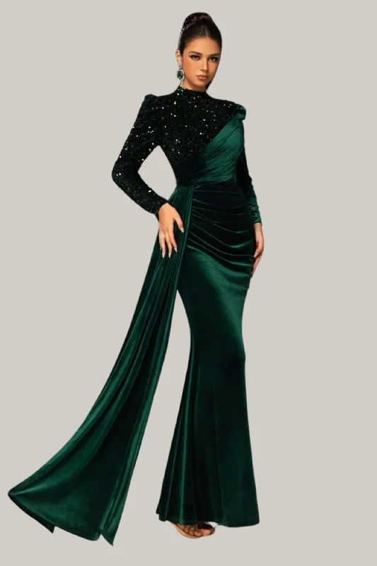 Mary Contrast Sequins Mock Neck Velvet Formal Dress