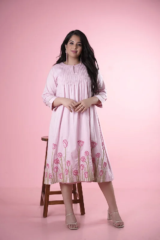 Cotton Pink Dress with Thread Embroidery