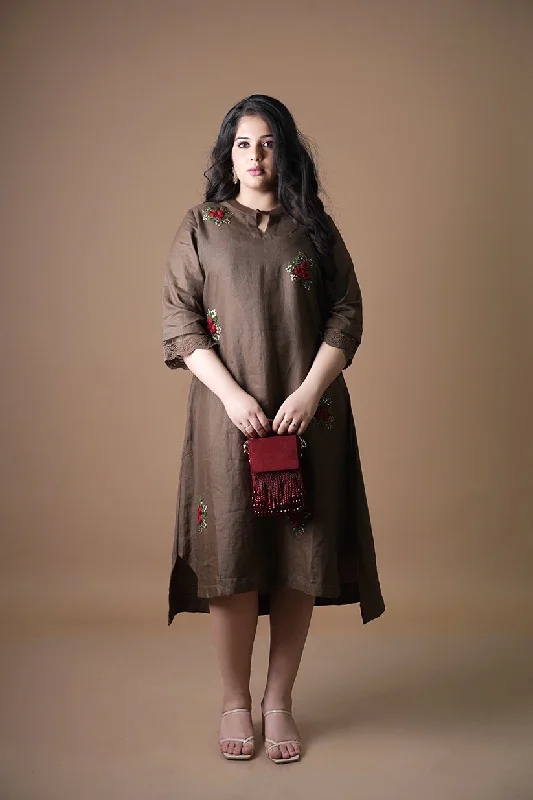 Pure Linen Brown Dress with Red Flowers