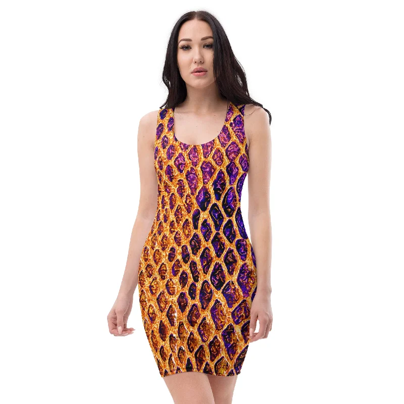 Radiant Reptilian Charm Colorful Snakeskin Sheen Fitted Dress, lioness-love