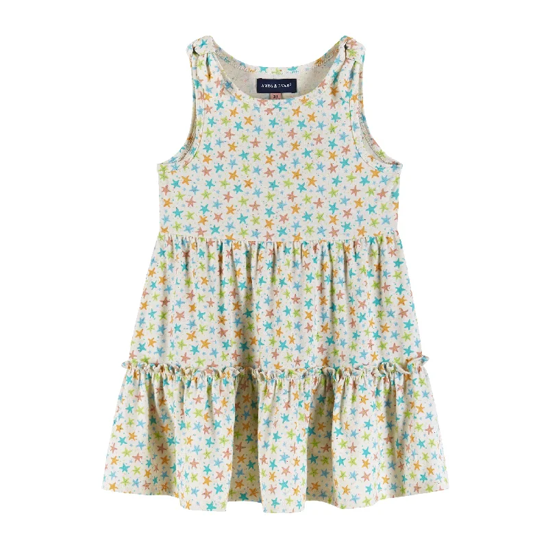 Kids White Nep Dress | Neon Starfish Print