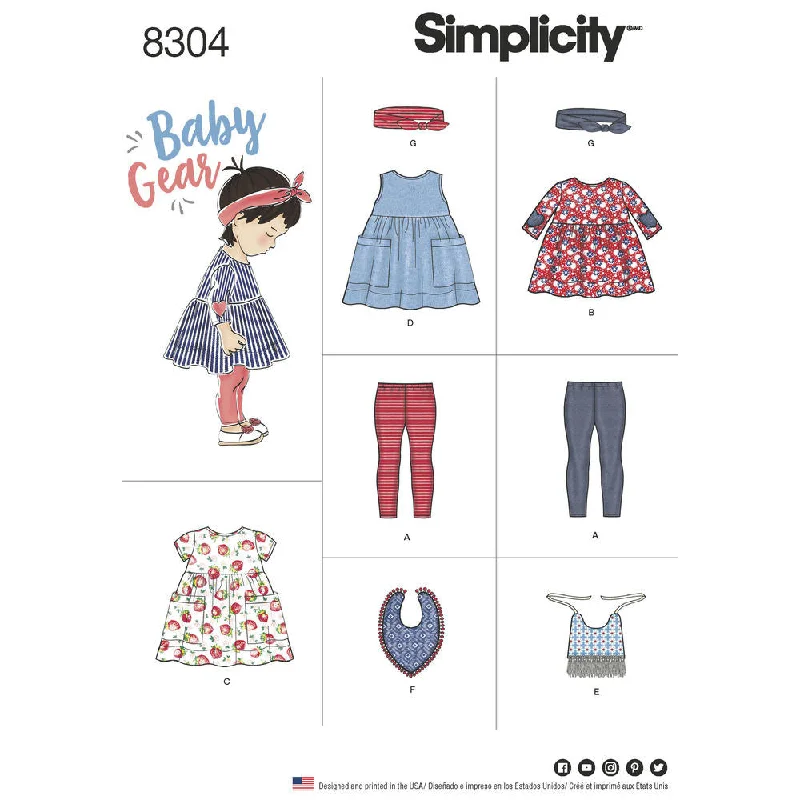 Simplicity Pattern S8304 Babies' Leggings, Top, Dress, Bibs & Headband