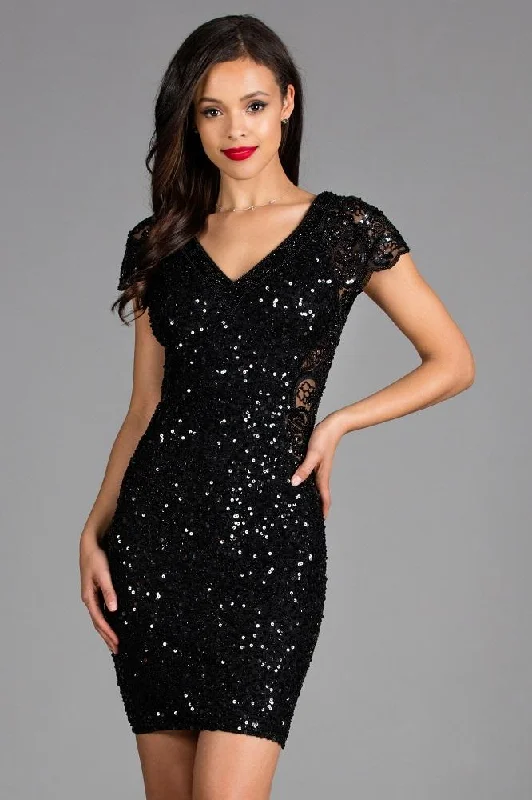 Scala - 48889SC Sequined V-neck Fitted Cocktail Dress