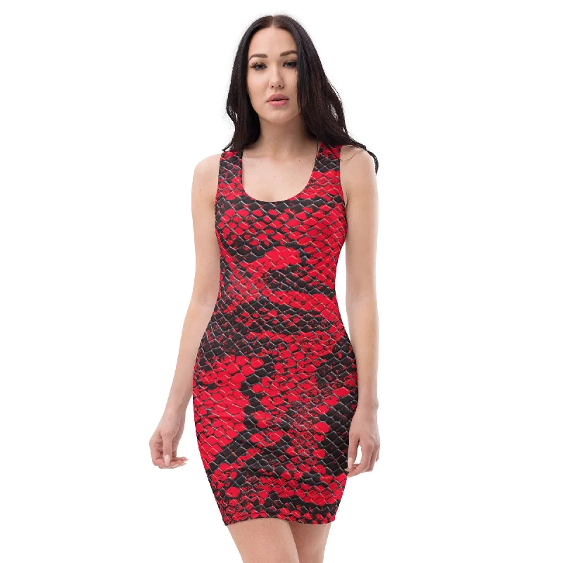 Scarlet Serpentine Seduction Red Snakeskin Fitted Dress, lioness-love