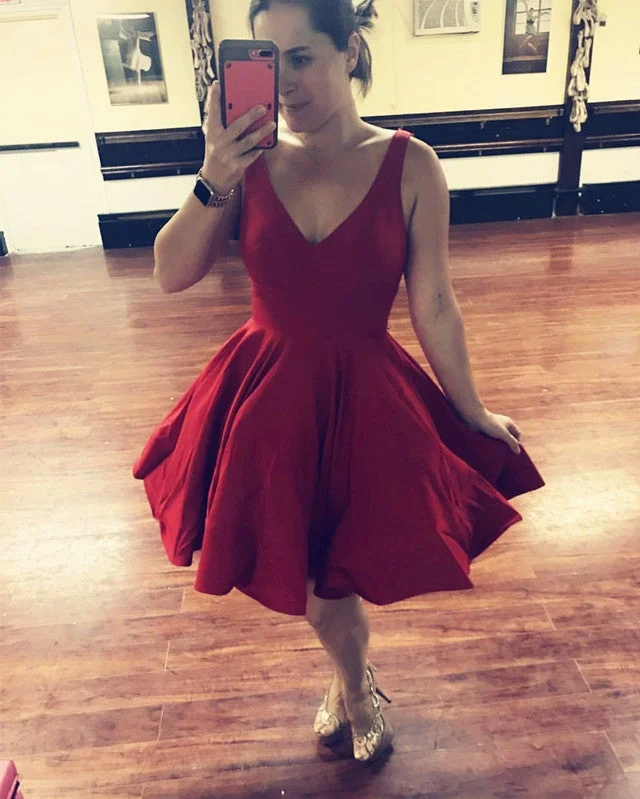 Short Satin V Neck Swing Prom Dresses Ball Gowns Homecoming Dress