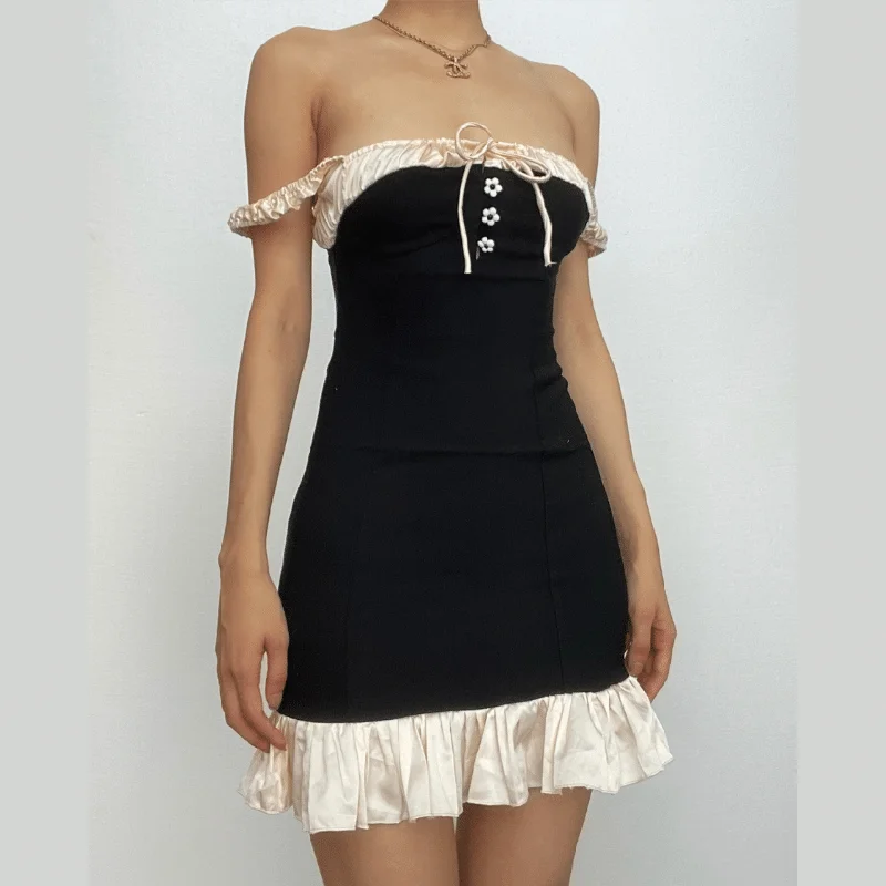 Sleeveless square neck ruffle patchwork contrast mini dress Comfortable One-Shoulder Mini Dress Sleeveless square neck ruffle patchwork contrast mini dress Comfortable One-Shoulder Mini Dress