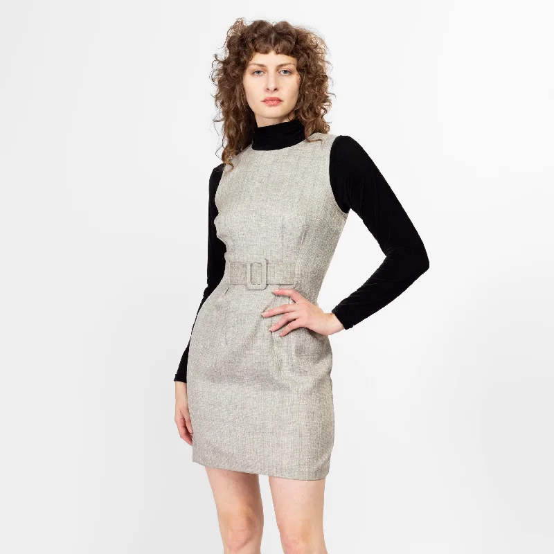 Small 90s Grey Linen Look Belted Mini Dress Fashionable Party Mini Dress