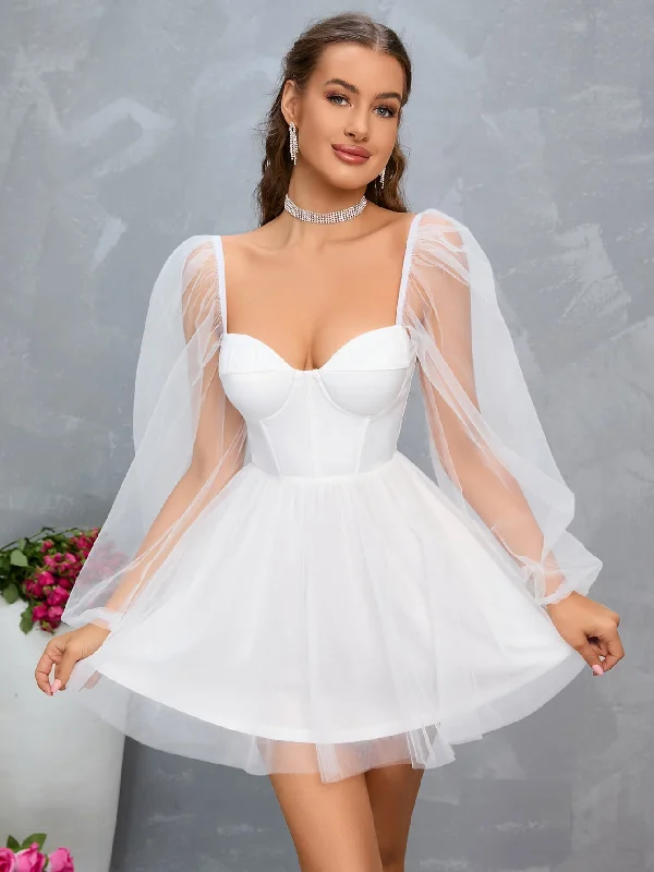 Sweetheart Neck Lantern Sleeve Mesh Overlay Bustier Dress