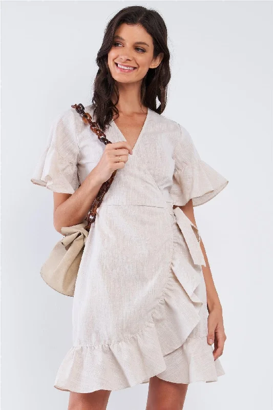 Tan Beige Deep Plunge V-Neck Ruffle Hem Self-Tie Waist Wrap Mini Dress Fashionable Mini Dress with Frills Tan Beige Deep Plunge V-Neck Ruffle Hem Self-Tie Waist Wrap Mini Dress Fashionable Mini Dress with Frills