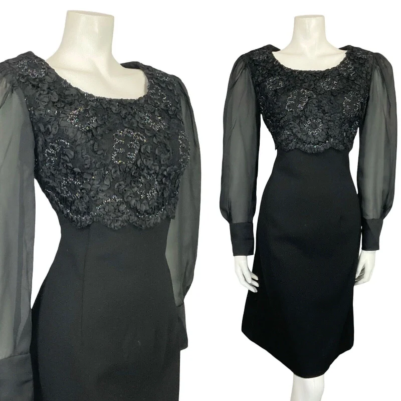 VTG 60S BLACK WOOL MESH BISHOP SLEEVE EMPIRE RIBBON LACE PARTY MINI DRESS 10 12 Fashionable A-Line Mini Dress VTG 60S BLACK WOOL MESH BISHOP SLEEVE EMPIRE RIBBON LACE PARTY MINI DRESS 10 12 Fashionable A-Line Mini Dress