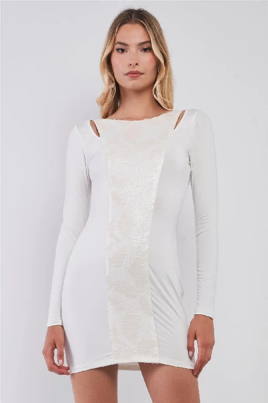 White Sequined Center Front Detail Long Sleeve Mini Dress /2-2-2 Fashionable Lace-Trim Mini Dress White Sequined Center Front Detail Long Sleeve Mini Dress /2-2-2 Fashionable Lace-Trim Mini Dress