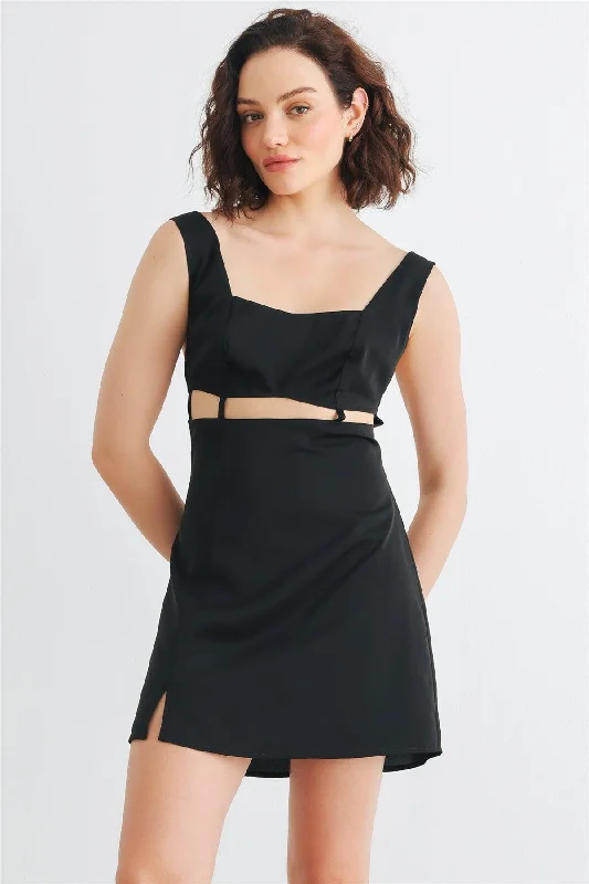 Black Sleeveless Cut-Out Detail Square Neck Back Criss-Cross Mini Dress /1-2-2-1 Stylish Short Sleeve Mini Dress Black Sleeveless Cut-Out Detail Square Neck Back Criss-Cross Mini Dress /1-2-2-1 Stylish Short Sleeve Mini Dress