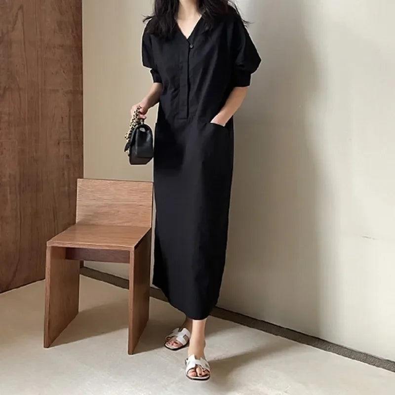 Women's Casual Pocket Black Long Dress