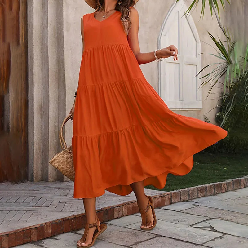 Y.KUKU Women Dress Summer Casual Brand Vacation Holiday Beach Long Dresses V-neck Loose Elegant Yellow Dress Femme