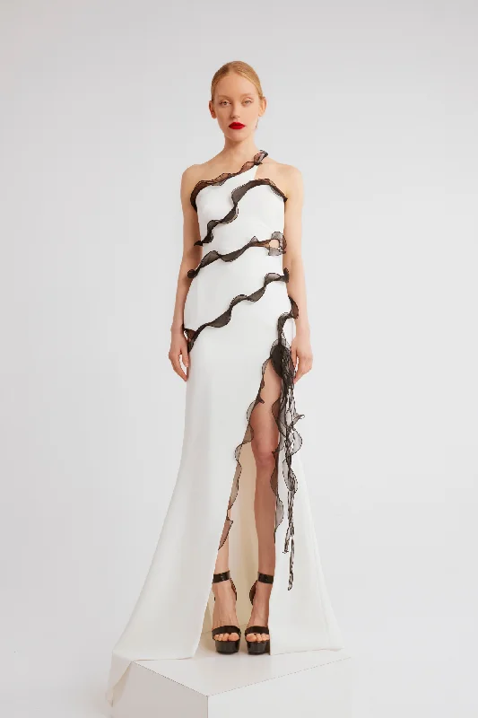 Asymmetrical neckline high slit dress with ruffles
