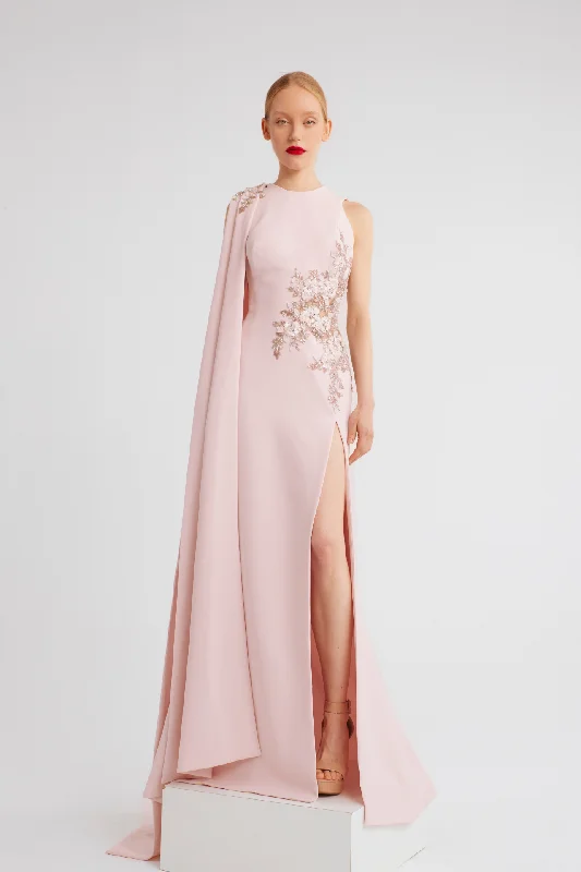 Cape sleeve crepe dress with embroidery