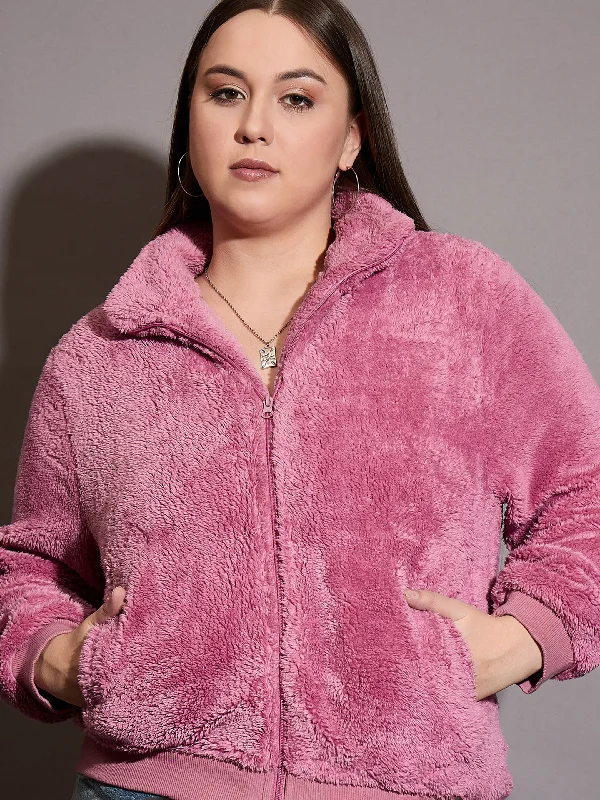 Women Pink Faux Fur Front Zipper Jacket