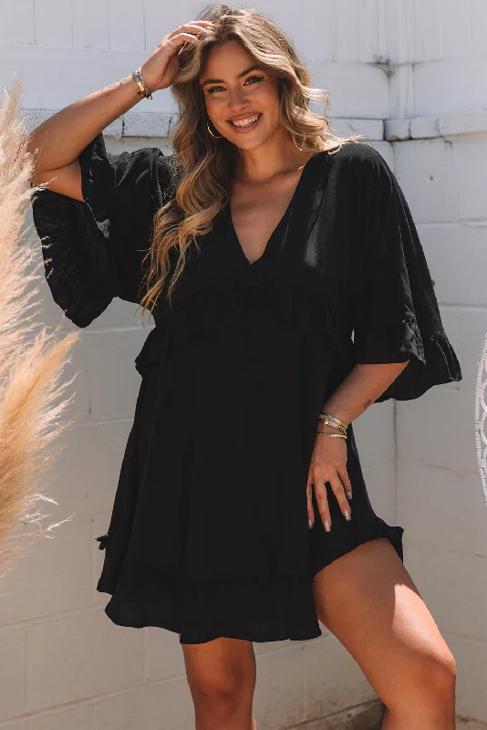 Blue Zone Planet |  Black Ruffled 3/4 Sleeve V Neck Babydoll Mini Dress