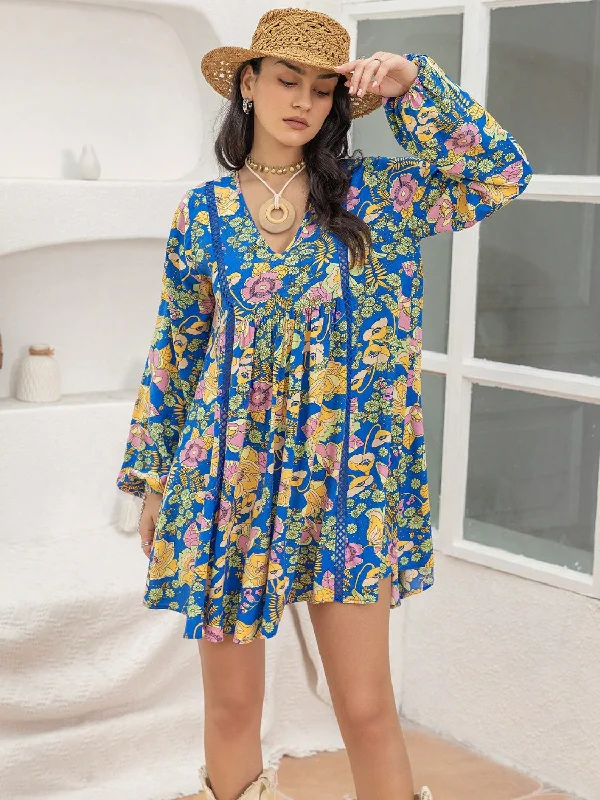 Blue Zone Planet |  Printed V-Neck Balloon Sleeve Mini Dress