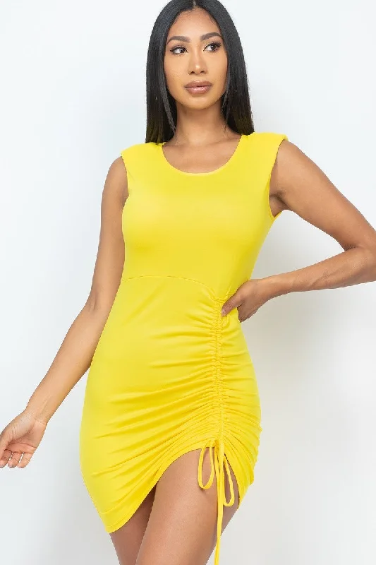 Sleeveless Shoulder Pad Drawstring Ruched Mini Dress