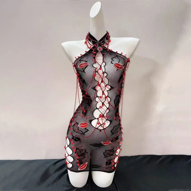 Hollow out fishnet see through lip print cut out mini dress