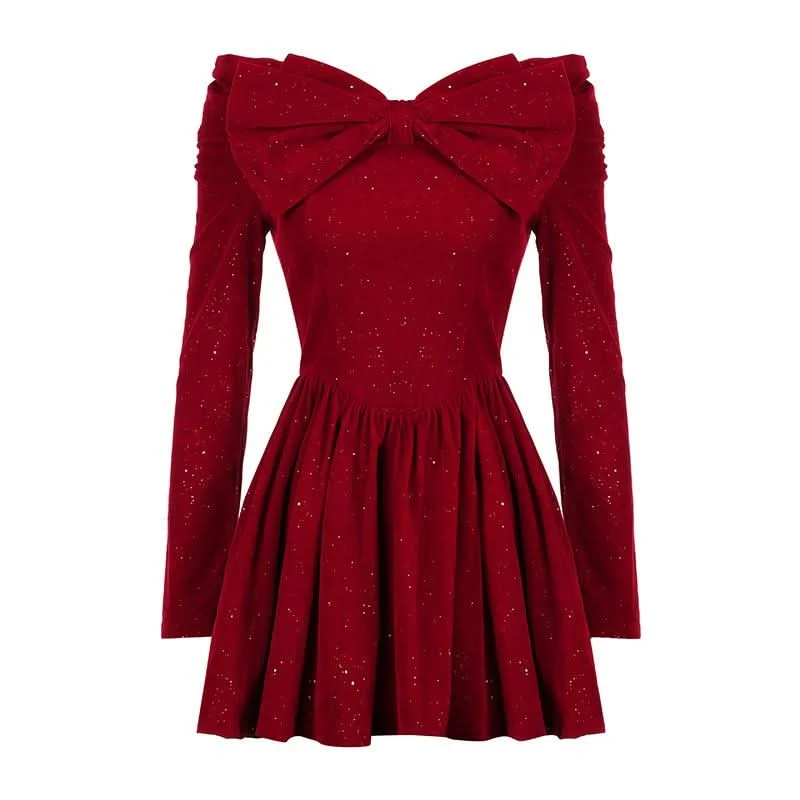 Off shoulder long sleeve beaded bowknot mini dress