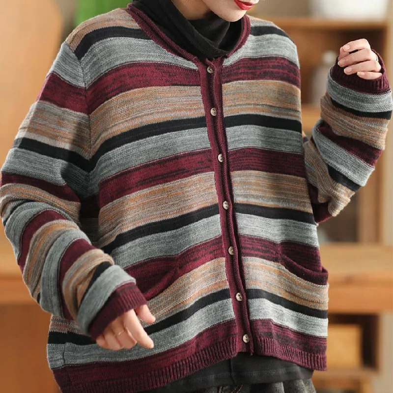 Babakud Women Winter Retro Colorful Striped Single-Breasted Patchwork Sweater Chenille Fabric Brocade Fabric Lace Fabric Babakud Women Winter Retro Colorful Striped Single-Breasted Patchwork Sweater Chenille Fabric Brocade Fabric Lace Fabric
