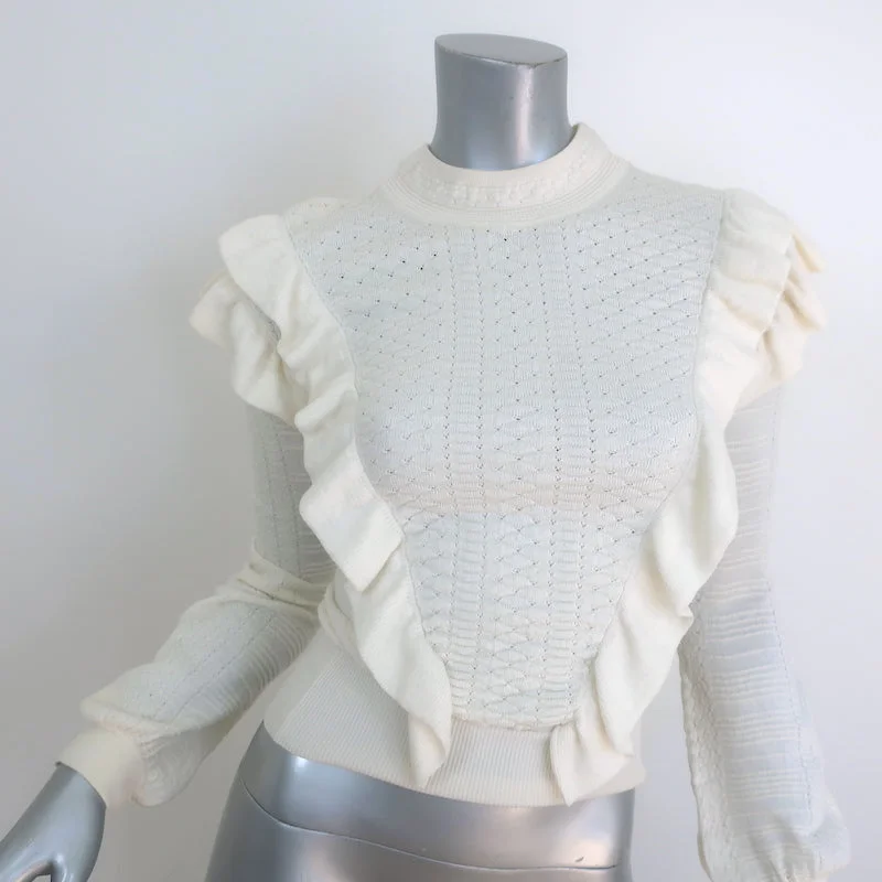 Chloe Ruffle Sweater Vanilla Wool Pointelle Knit Size Small Tailored Straight A-Line Chloe Ruffle Sweater Vanilla Wool Pointelle Knit Size Small Tailored Straight A-Line