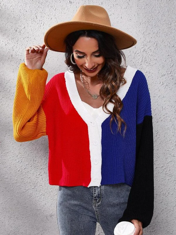 Contrast Color Knitted Cardigan Sweater Machine Wash Dry Clean Hand Wash