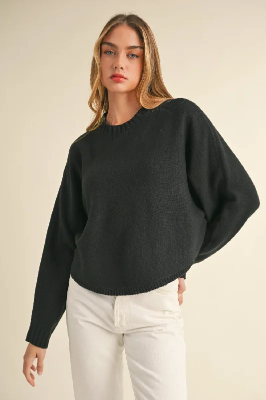 Mable Round Neck Dolman Sleeve Cropped Sweater In Black Herringbone Houndstooth Plaid Mable Round Neck Dolman Sleeve Cropped Sweater In Black Herringbone Houndstooth Plaid