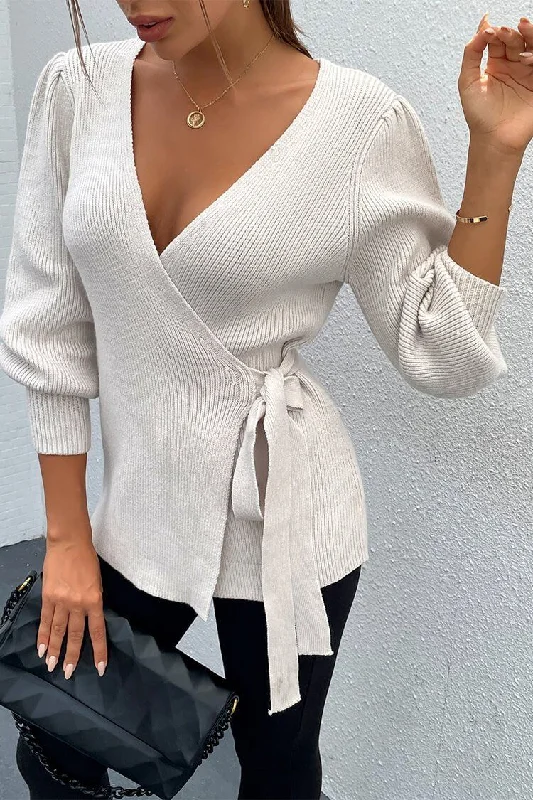 Sexy V Neck Balloon Sleeve Ribbed Wrap Knit Pullover Sweater Boat Neck Shawl Collar Notched Collar Sexy V Neck Balloon Sleeve Ribbed Wrap Knit Pullover Sweater Boat Neck Shawl Collar Notched Collar