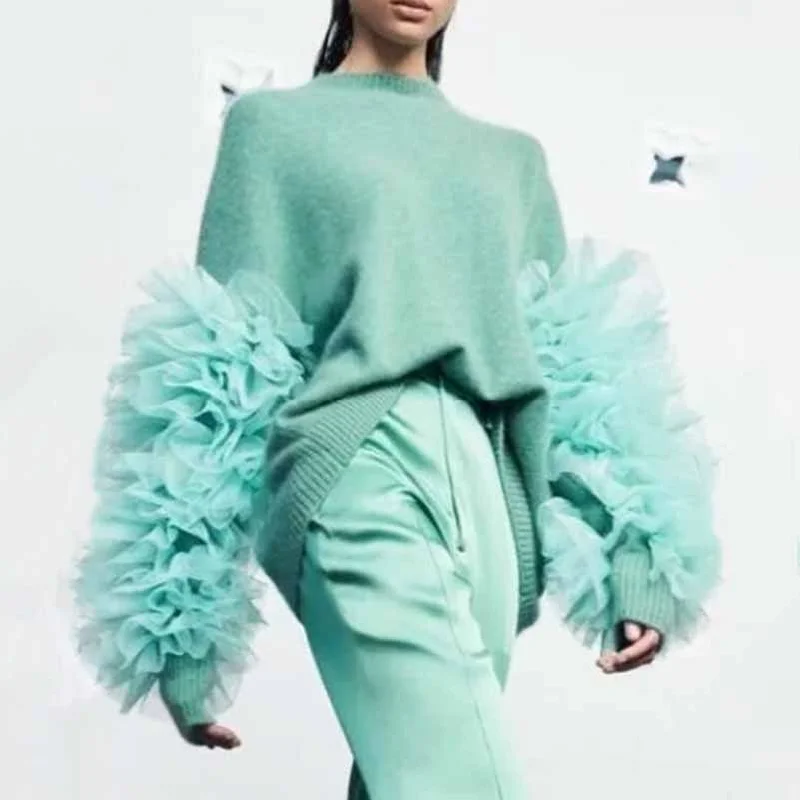 Women's Mint Sweater Loose Trendy Sweater With Lace Sleeves Houndstooth Herringbone Solid Women's Mint Sweater Loose Trendy Sweater With Lace Sleeves Houndstooth Herringbone Solid