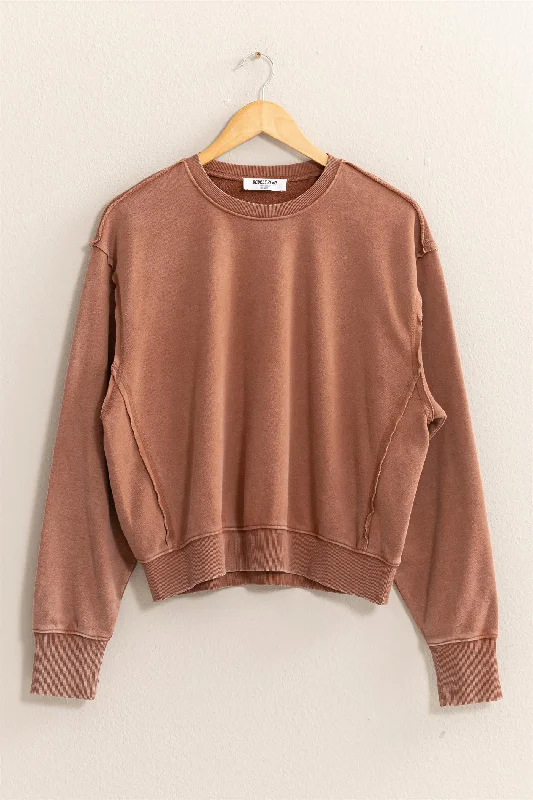 Drop Shoulders Crewneck Sweatshirt Hoodie with Tied Waist Feminine Flattering