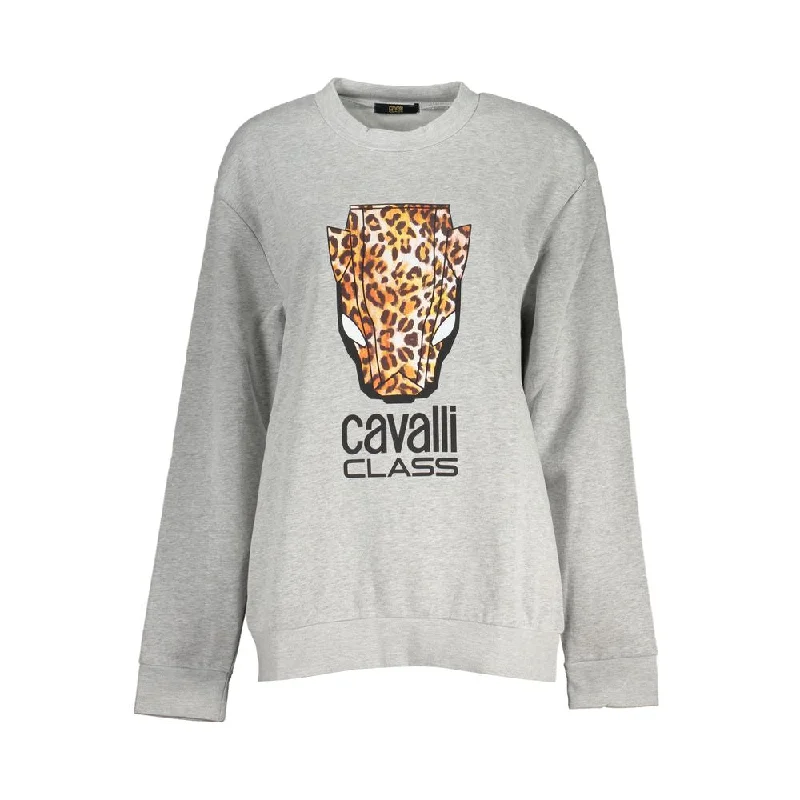 Cavalli Class Chic Gray Crew Neck Fleece Sweatshirt Hoodie with Ribbed Neckline Snug Warm Cavalli Class Chic Gray Crew Neck Fleece Sweatshirt Hoodie with Ribbed Neckline Snug Warm