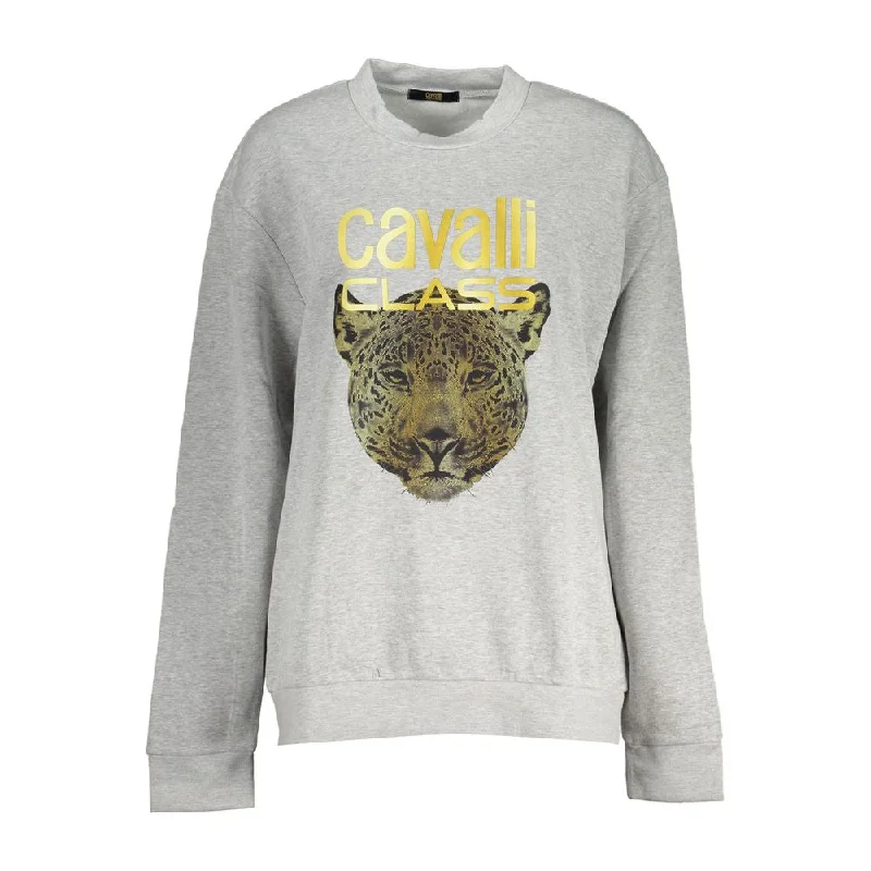 Cavalli Class Chic Gray Crew Neck Fleece Sweatshirt Hoodie with Hidden Zipper Minimalist Clean Cavalli Class Chic Gray Crew Neck Fleece Sweatshirt Hoodie with Hidden Zipper Minimalist Clean
