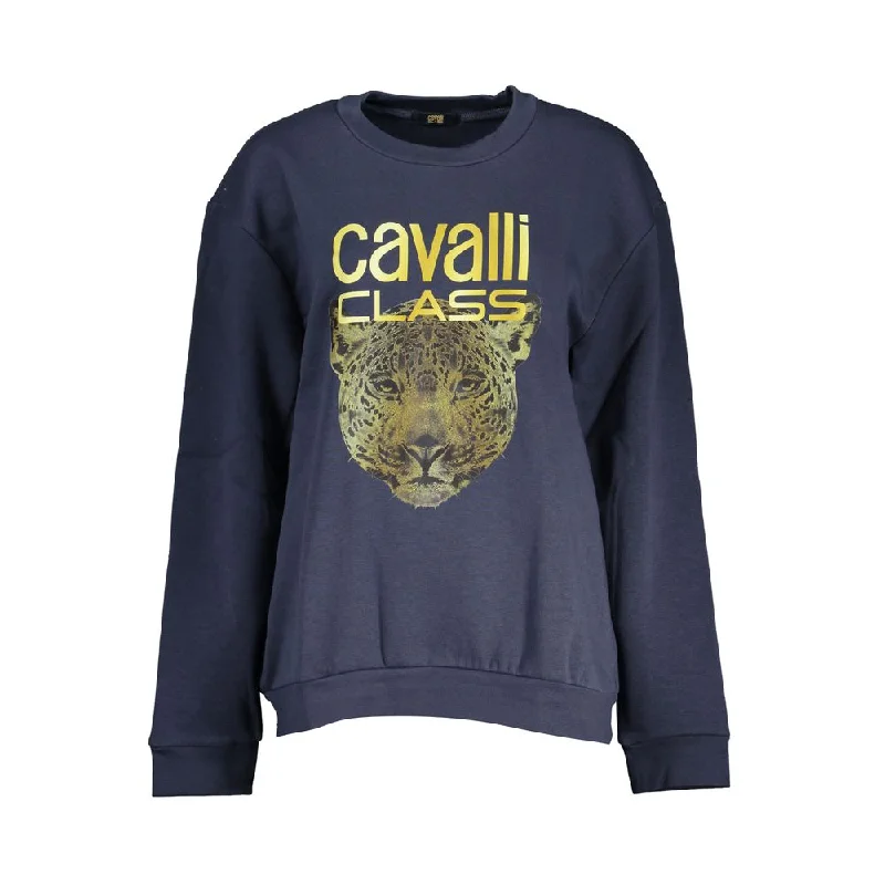 Cavalli Class Elegant Blue Fleece Crew Neck Sweatshirt Hoodie with Snap Buttons Easy Quick Cavalli Class Elegant Blue Fleece Crew Neck Sweatshirt Hoodie with Snap Buttons Easy Quick