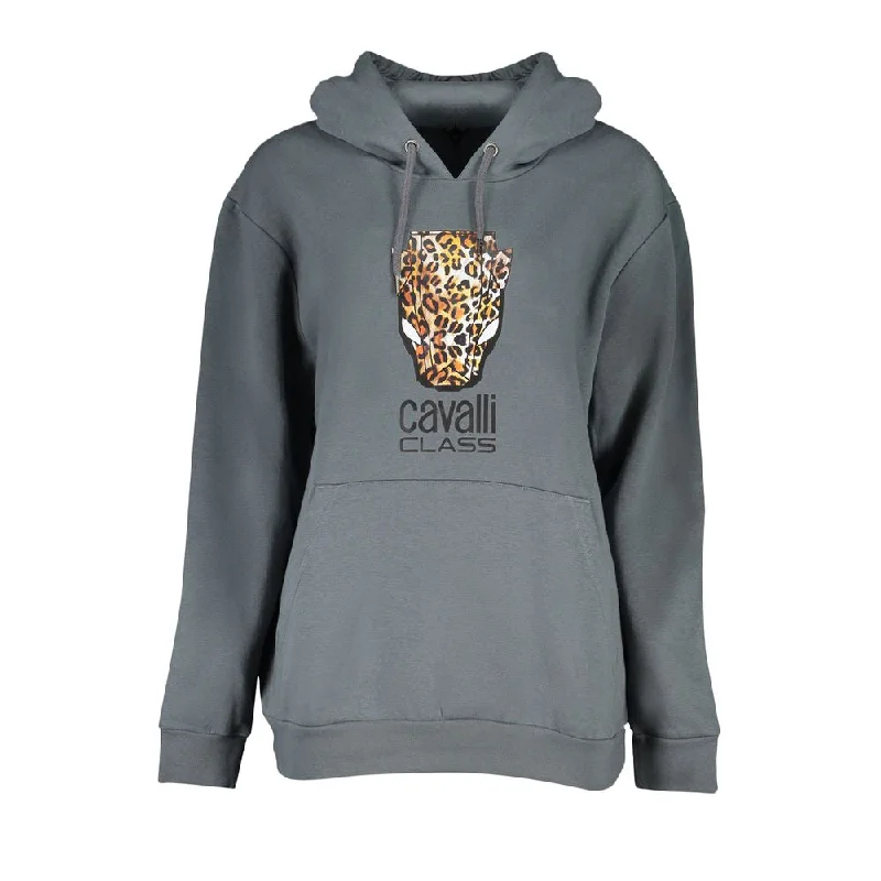 Cavalli Class Elegant Hooded Fleece Sweatshirt in Gray Hoodie with Bell Sleeves Flared Feminine Cavalli Class Elegant Hooded Fleece Sweatshirt in Gray Hoodie with Bell Sleeves Flared Feminine