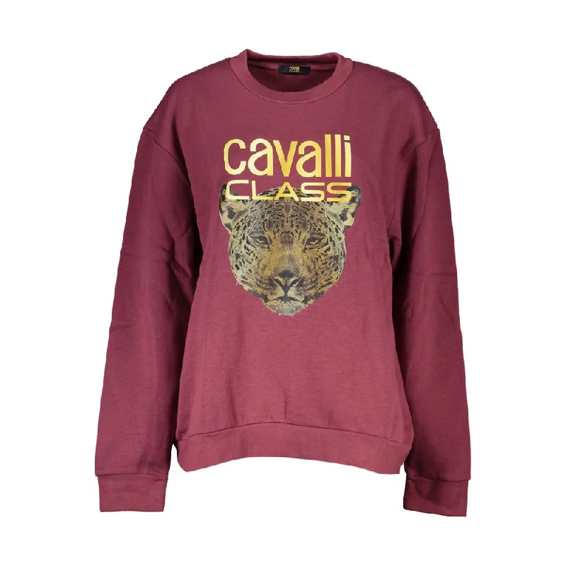 Cavalli Class Purple Fleece Crew Neck Sweatshirt with Logo Print Hoodie with Raglan Sleeves Sporty Comfortable Cavalli Class Purple Fleece Crew Neck Sweatshirt with Logo Print Hoodie with Raglan Sleeves Sporty Comfortable