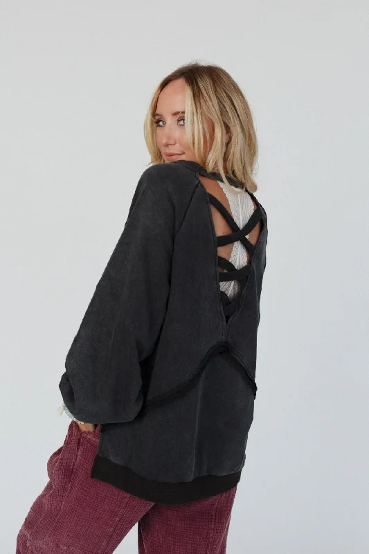 Crossed Paths Sweatshirt - Black Hoodie with Hem Raw Edge Edgy Unfinished