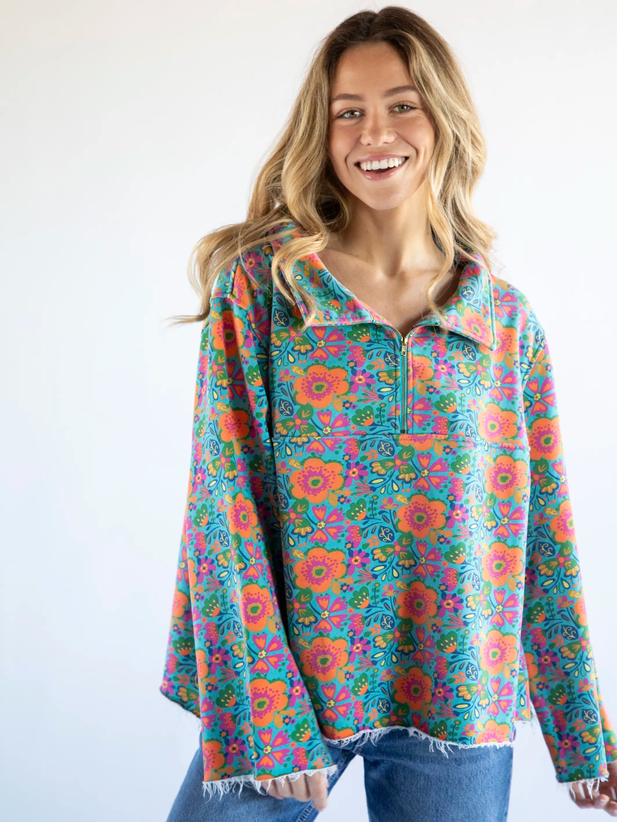 Easy Does It Sweatshirt - Doodle Floral Turquoise Hoodie with Hem Detail Decorative Unique Easy Does It Sweatshirt - Doodle Floral Turquoise Hoodie with Hem Detail Decorative Unique