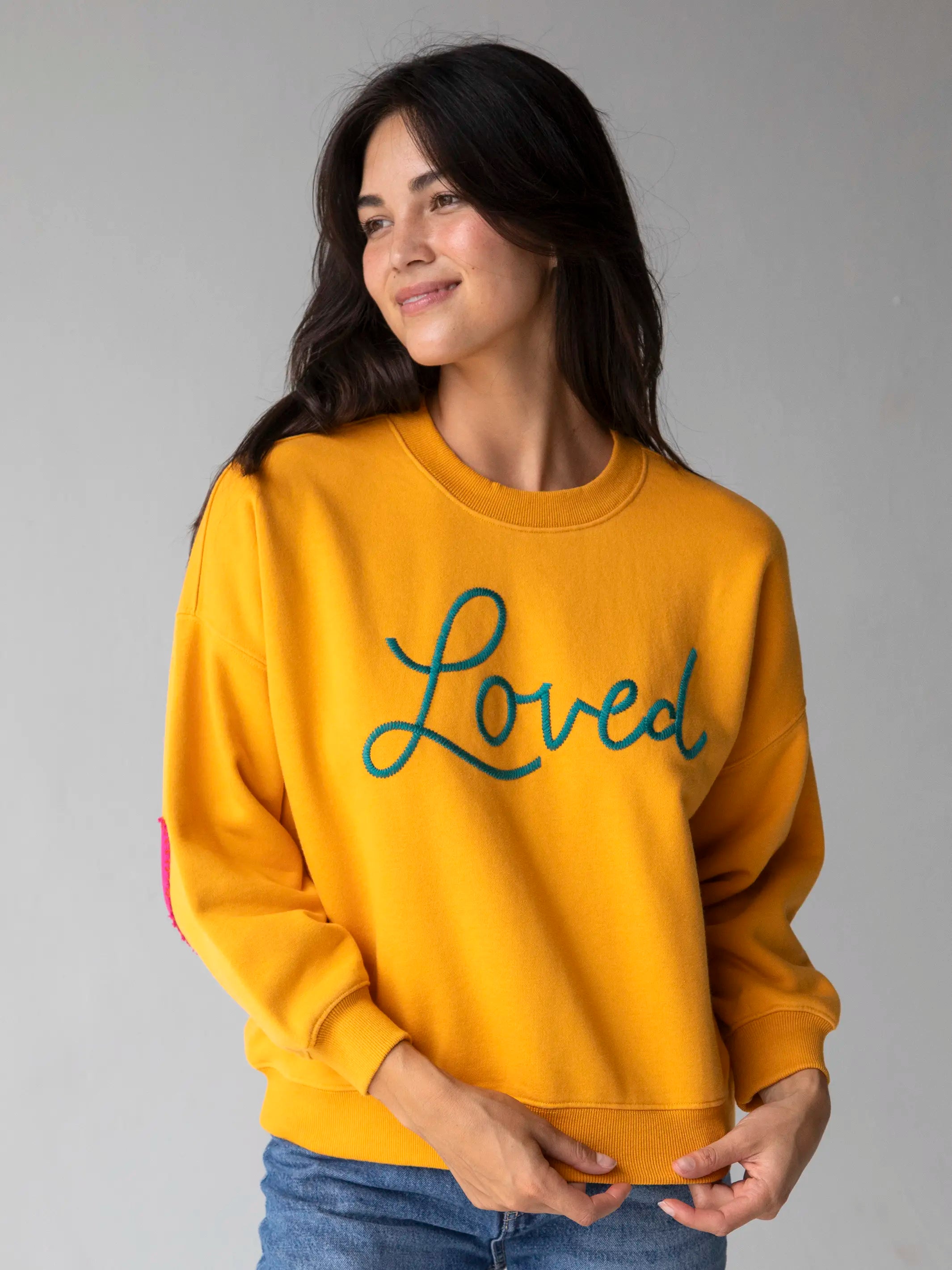 Heart On Your Sleeve Embroidered Sweatshirt - Mustard Loved Hoodie with Rolled Sleeves Casual Relaxed Heart On Your Sleeve Embroidered Sweatshirt - Mustard Loved Hoodie with Rolled Sleeves Casual Relaxed