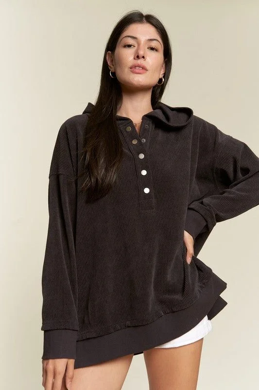 Jade By Jane Long Sleeve Button Down Ribbed Hooded Sweatshirt Hoodie with Drop Shoulder Relaxed Streetwear Jade By Jane Long Sleeve Button Down Ribbed Hooded Sweatshirt Hoodie with Drop Shoulder Relaxed Streetwear