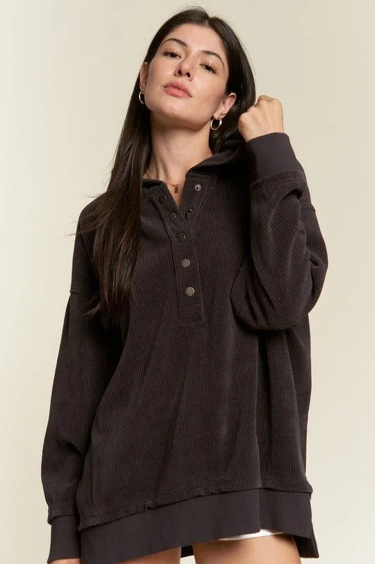 Jade By Jane PLUS Long Slv Buton Down Ribbed Hooded Sweatshirt Hoodie with Relaxed Fit Easy Casual Jade By Jane PLUS Long Slv Buton Down Ribbed Hooded Sweatshirt Hoodie with Relaxed Fit Easy Casual