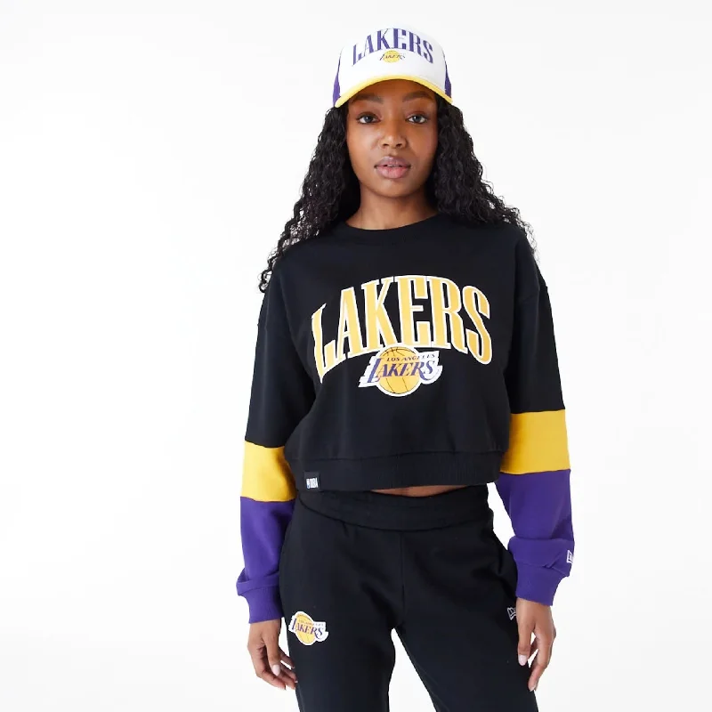 LA Lakers Womens NBA Colour Block Black Crop Crew Neck Sweatshirt Hoodie with Side Slits Relaxed Casual LA Lakers Womens NBA Colour Block Black Crop Crew Neck Sweatshirt Hoodie with Side Slits Relaxed Casual