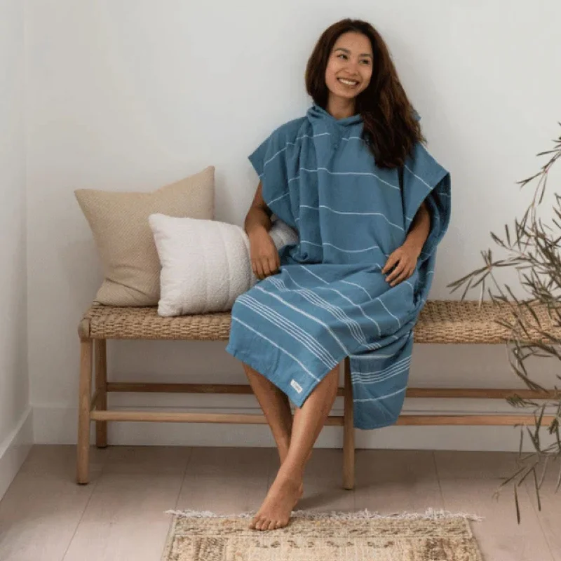 Sand Cloud Classic Stripe Hooded Poncho in Slate Blue Hoodie with Mock Neck Collared Structured Sand Cloud Classic Stripe Hooded Poncho in Slate Blue Hoodie with Mock Neck Collared Structured